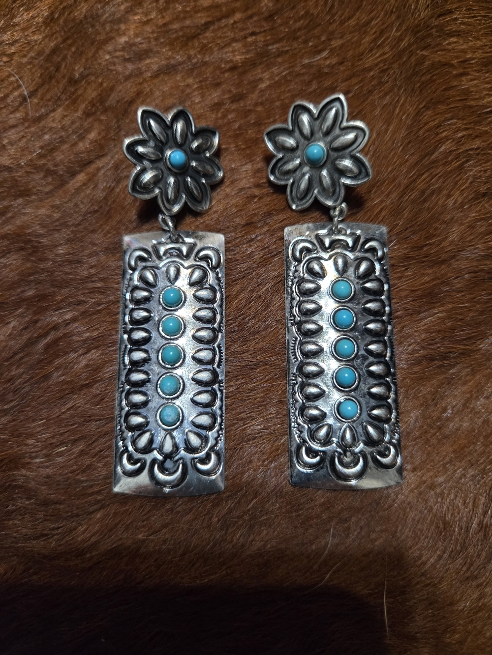 Turquoise Accent Silver Floral Drop Earrings - Women Jewelry